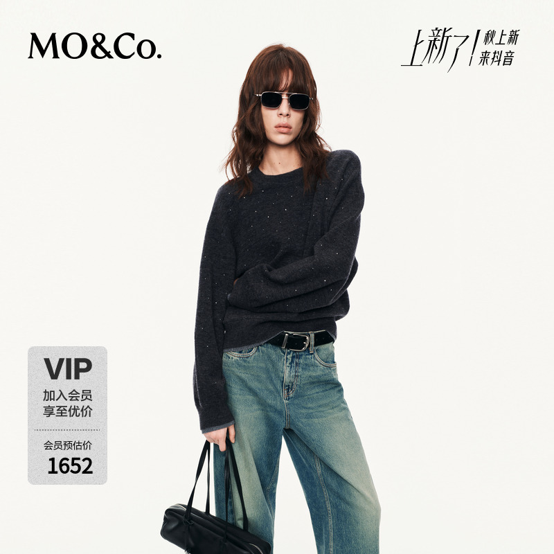 MOCO毛衣织针衫2025秋新品假两件含绵羊毛烫钻短款宽松MBE3SWTT14