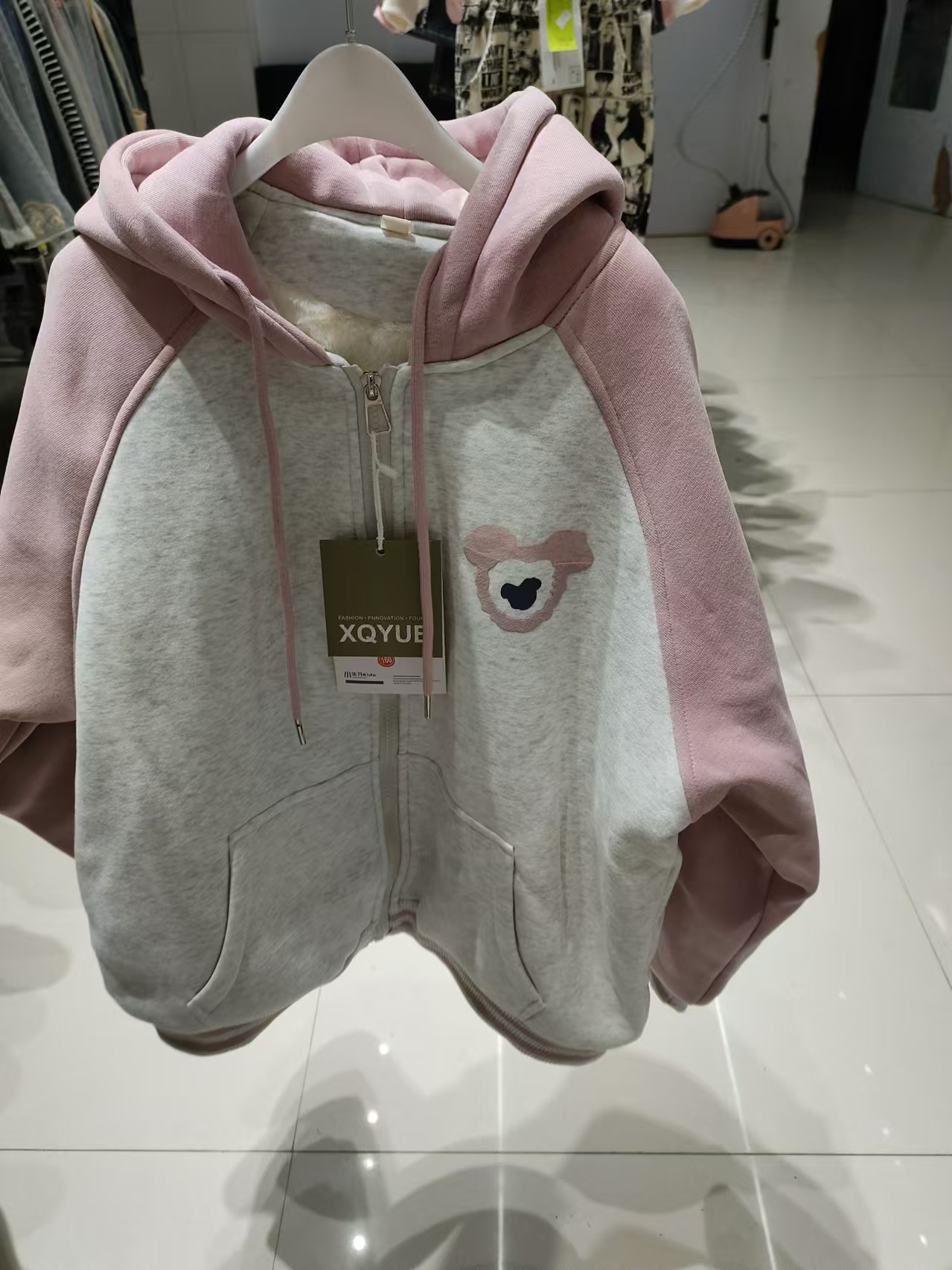 厚款拼色连帽印花女童女慵懒风拼接开衫卫衣不起球
