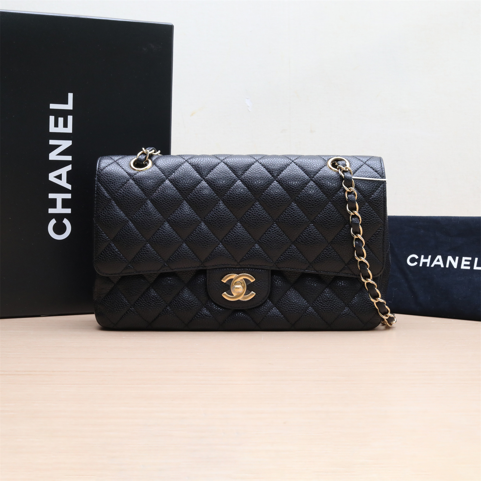 95新 Chanel/香奈儿 活动小花双双 CF口盖包中号黑色 荔枝牛 13开