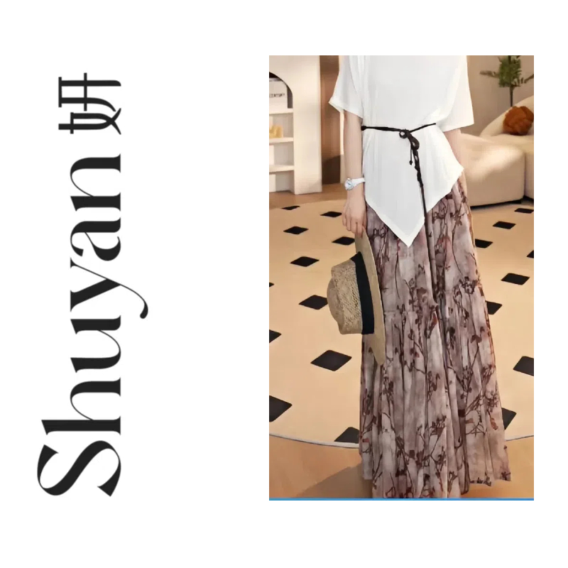 Shuyan妍【枫叶裙】亚麻天丝印花度假风韩版设计感小众百褶裙1766