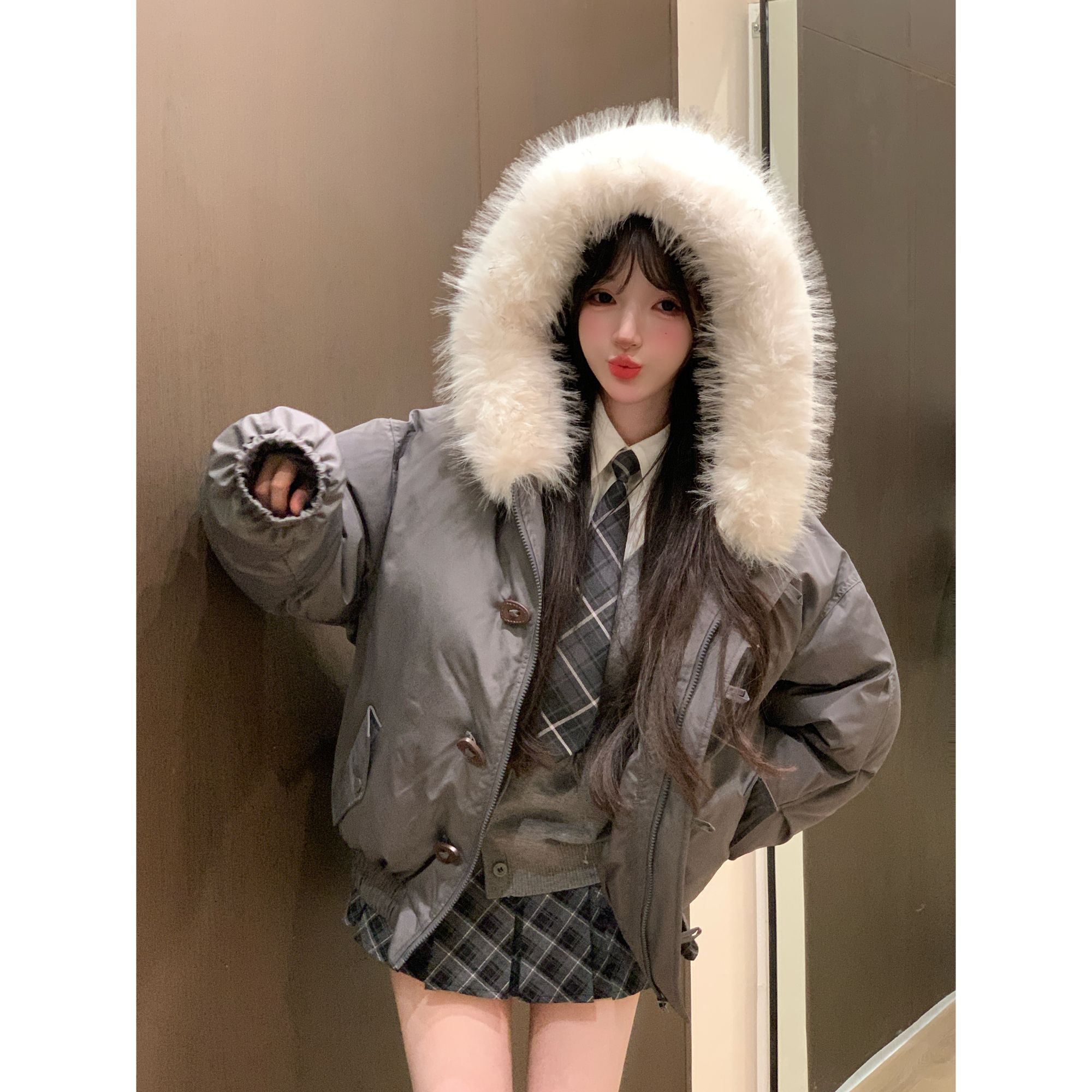 瑞茜·威瑟斯 东京时记 大毛领设计师款加厚保暖棉衣外套R6965H