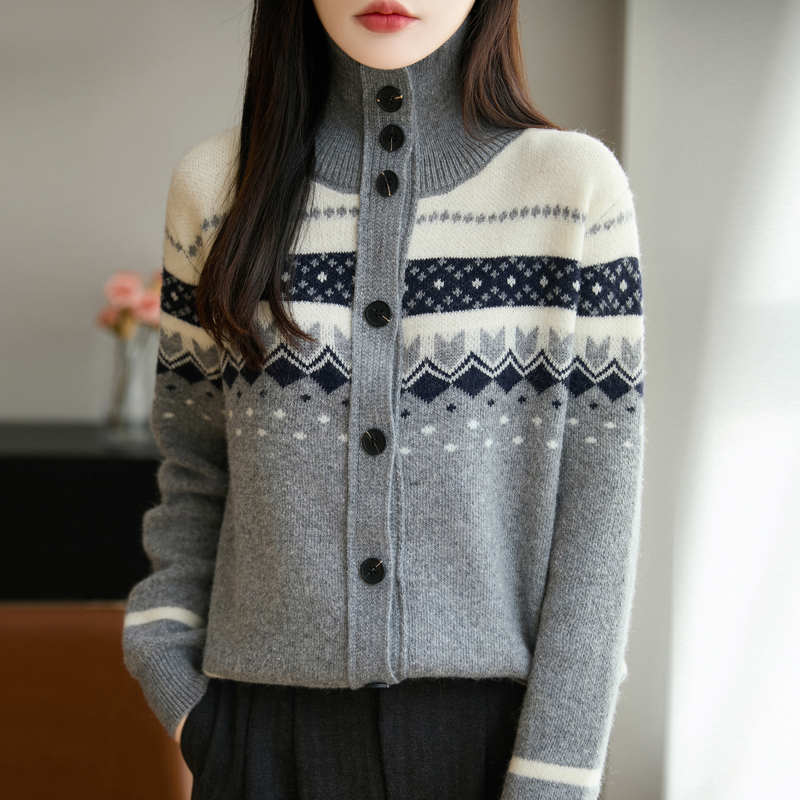 哥弟阿玛施正品秋冬新款羊毛衫厚款开衫条纹高领时尚百搭软糯毛衣