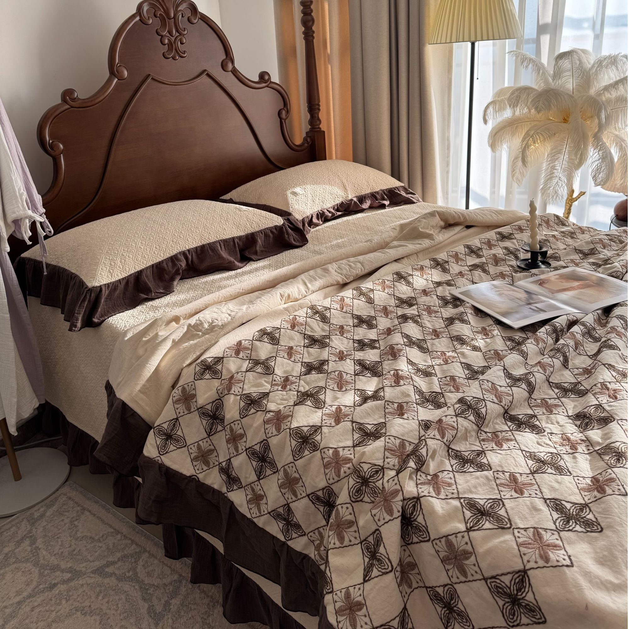 漫漫 【四叶草】法式棉麻床盖多功能被套四件套绳绣花边床品套件