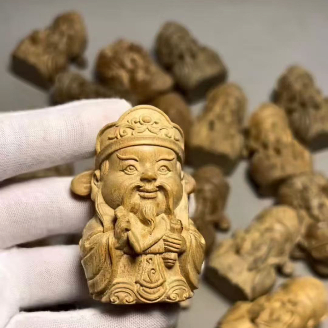 雕刻财神爷手把件随身盘玩招财金丝楠木手串真品金丝楠木装饰品扇