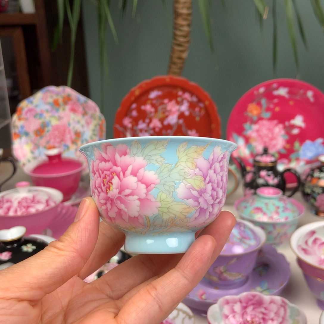 灯***珊陶定制牡丹花高足天空蓝