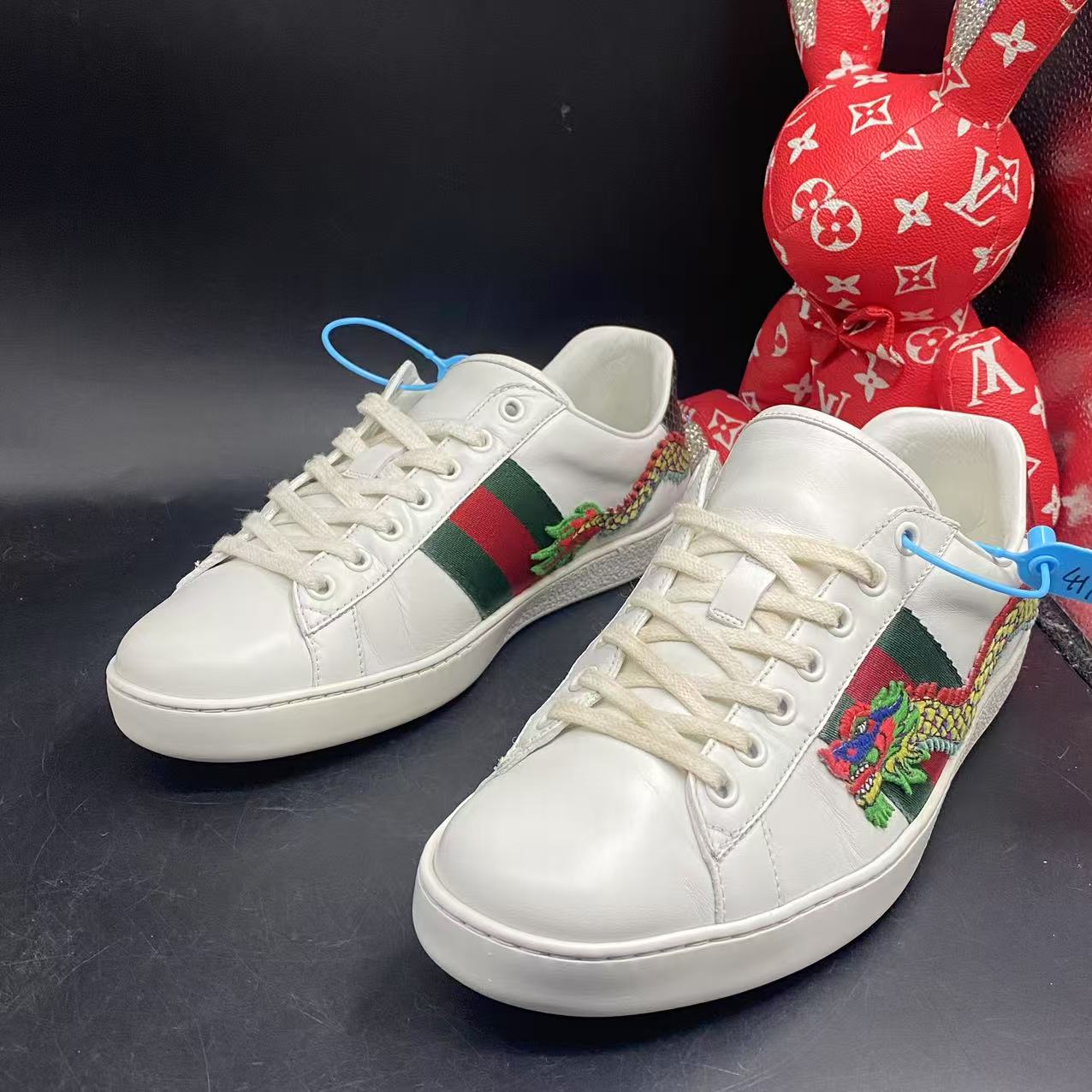 95新 GUCCI/古驰 【聚星福利】ACE系列白色一条龙板鞋41欧码olas101