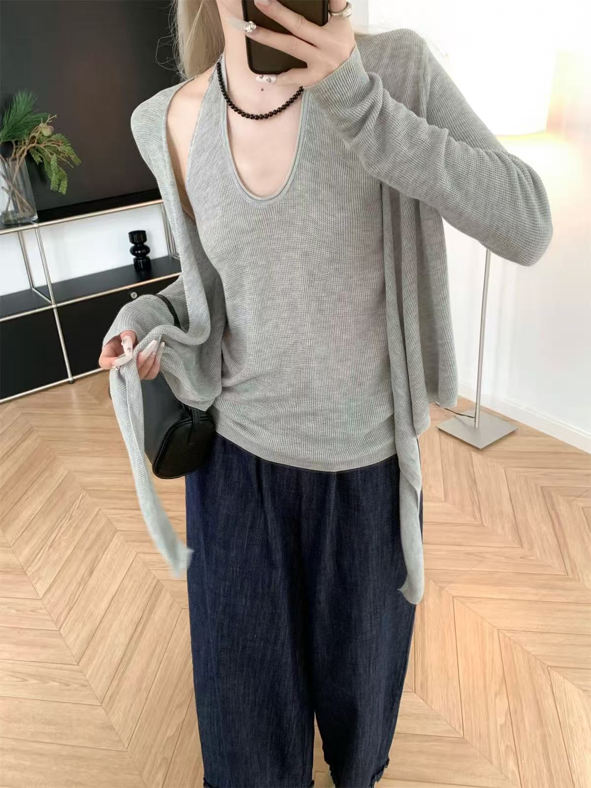 F4143设计感系带假两件上衣女秋冬修身长袖针织衫气质时尚