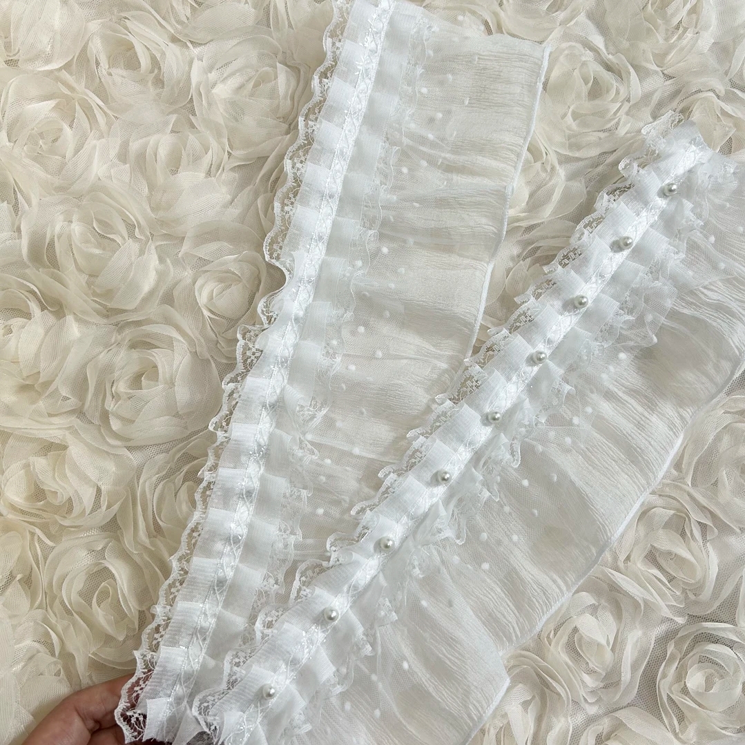 一明窗帘花边配件立边法式温柔立边小圆点三层花边