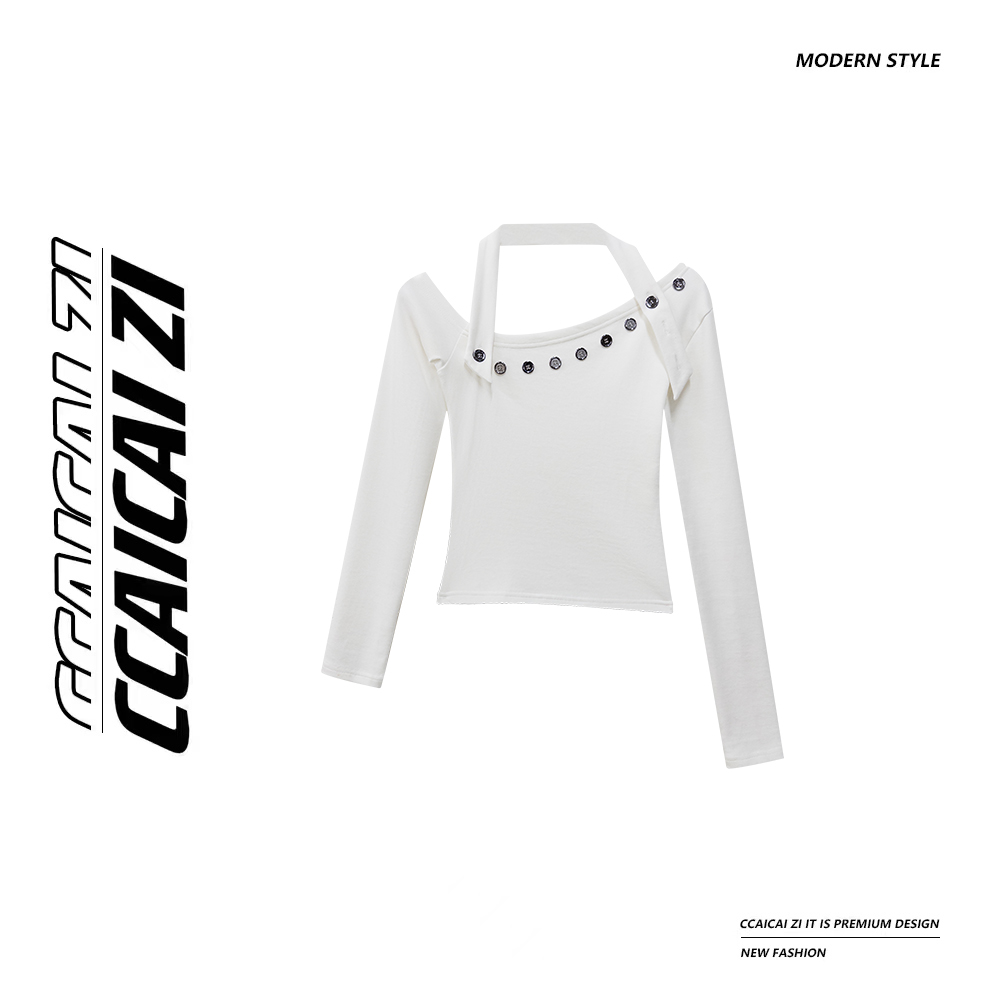 [no退no换]CCA214【辣妹猎手】斜肩不规则挂脖纽扣长袖上衣带子可拆