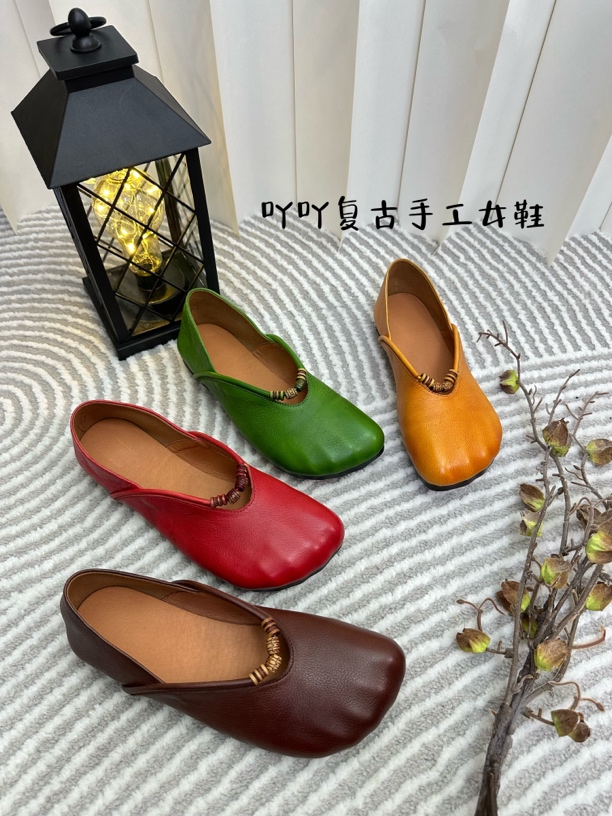 复古牛皮软底浅口瓢鞋