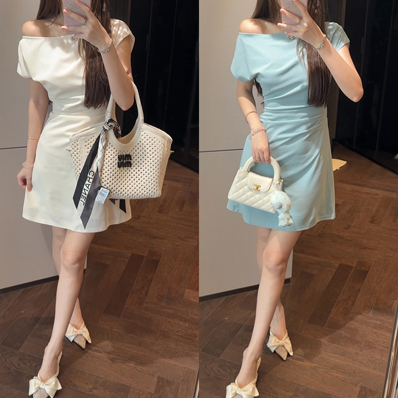 【mimius】婷 外弹力TR内针织里衬-全套里布-斜肩修身连衣裙 G06227