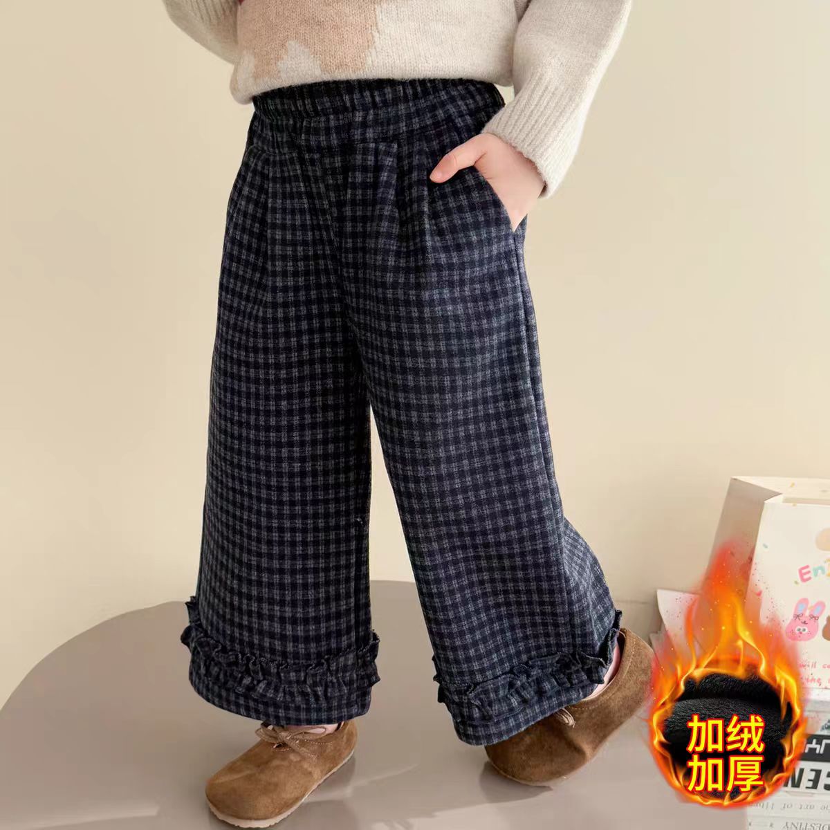 女童秋冬款加绒加厚裤子中小童大童洋气时髦保暖裤儿童格子裤冬装