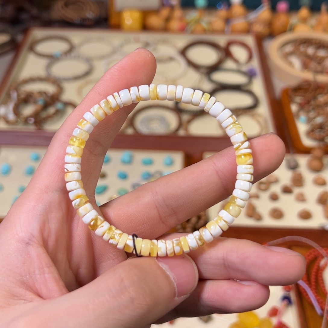 蜜蜡未镶嵌手链金瓷白妖花药片手串