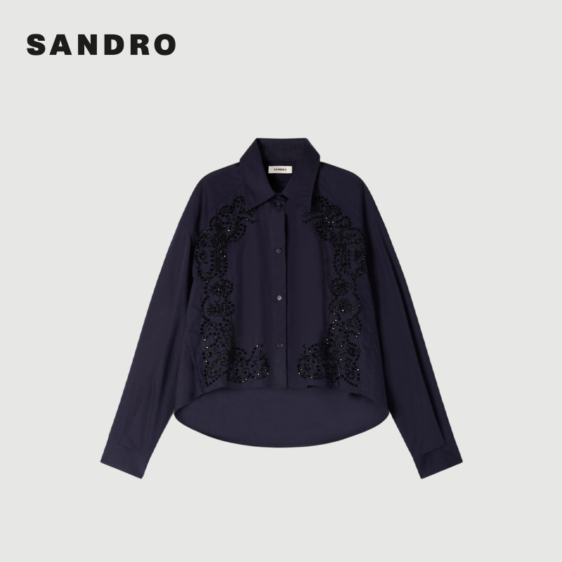 SANDRO2026春季新款棉质亮片仿钻饰点缀弧形下摆衬衫SFPCM01608