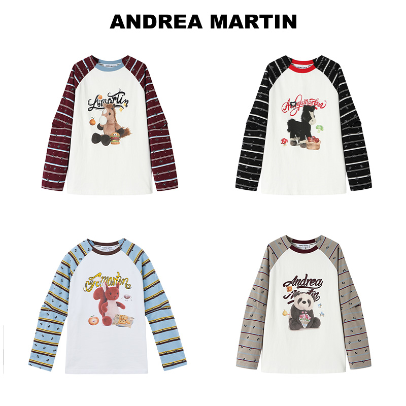 ANDREA MARTIN2025秋冬新款趣味动物印花插肩长袖拼接撞色宽松T恤