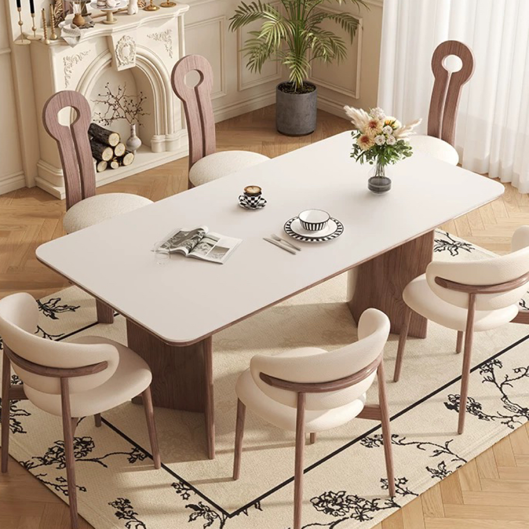 中古风实木岩板餐桌奶油风餐桌椅组合现代风岩板餐桌组合家用简约