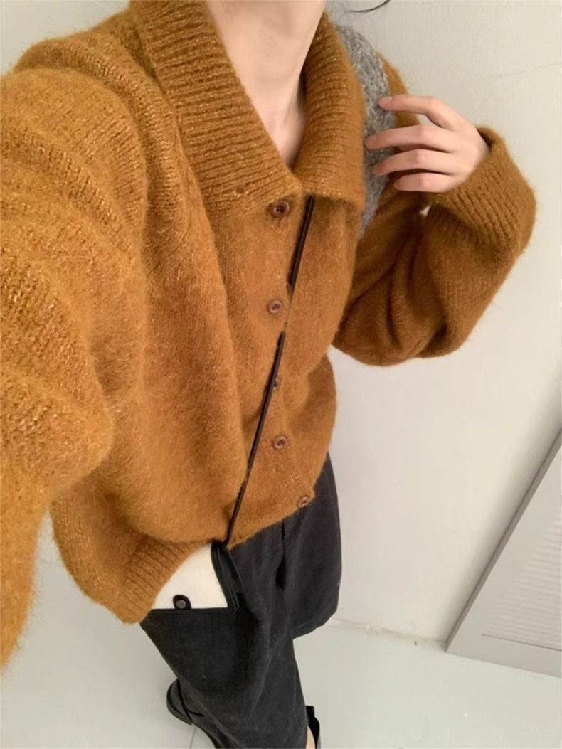 单独拍上衣 复古气质高领毛衣外套女秋冬外穿宽松单排扣针织开衫