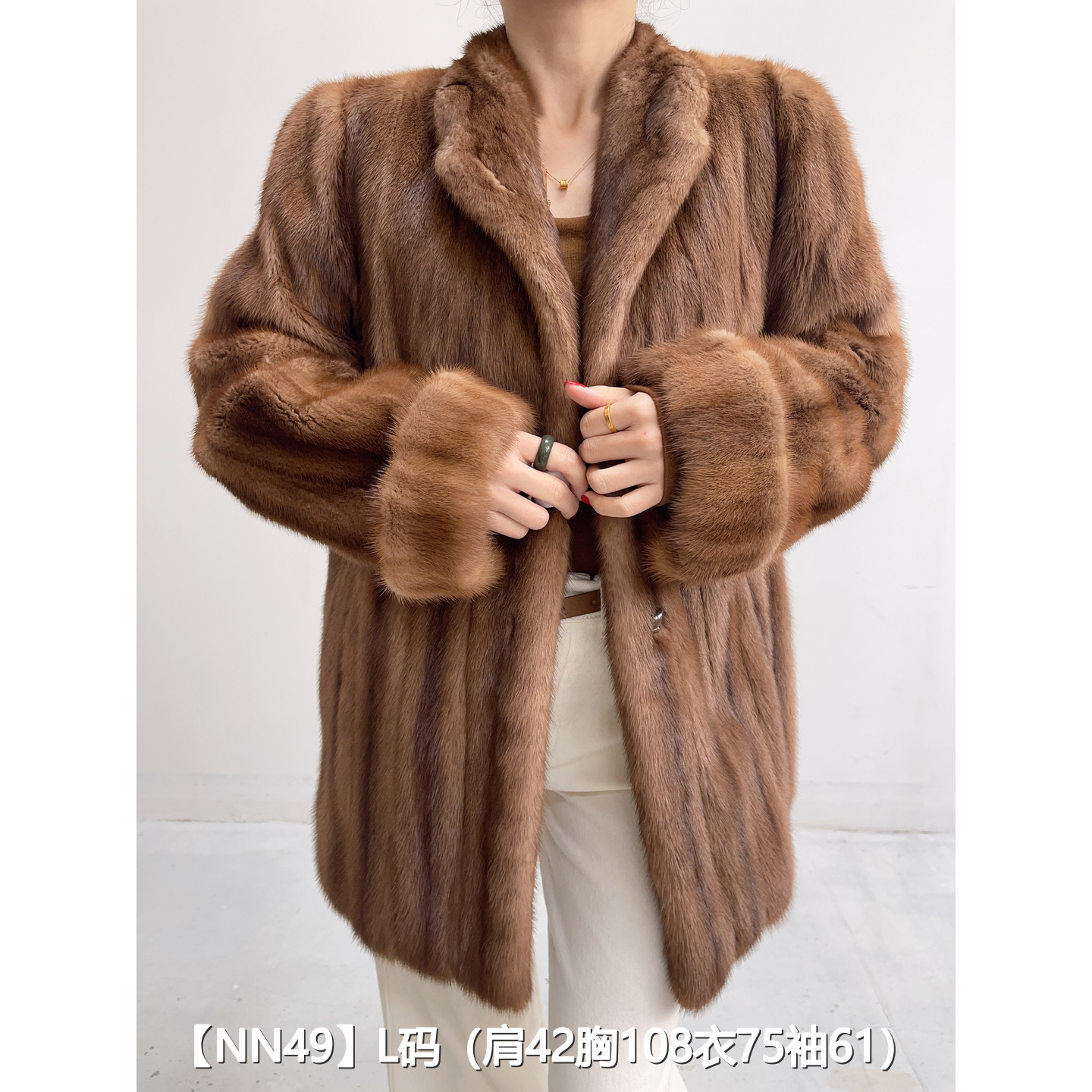 【NN49】L 蜜茶棕中长款全抽竖条水貂毛外套女 立领挽袖 13049