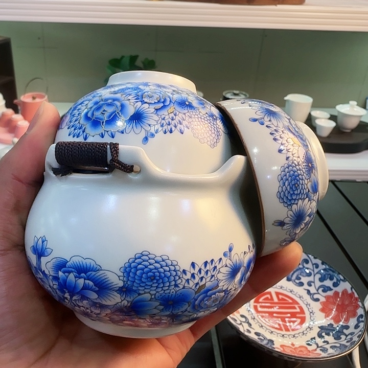 青花瓷器陶瓷茶叶罐 茶具旅行套装