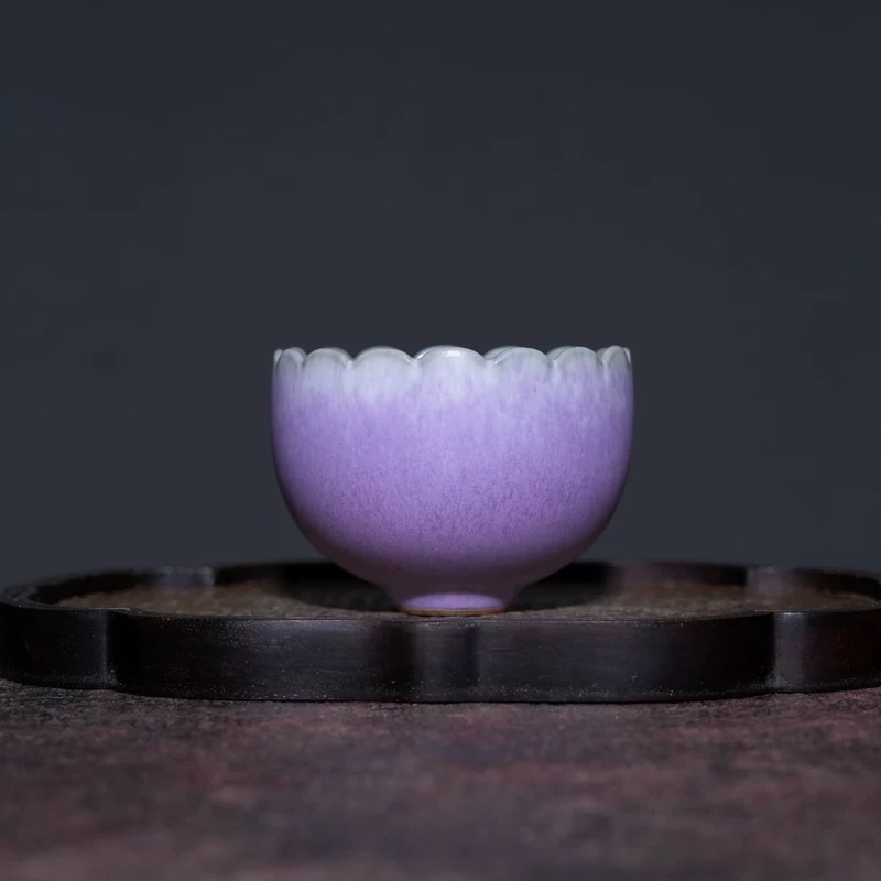 任晓飞梦幻紫光釉莲花杯手工炭烧杯禹州钧瓷原矿窑变釉钧瓷茶杯