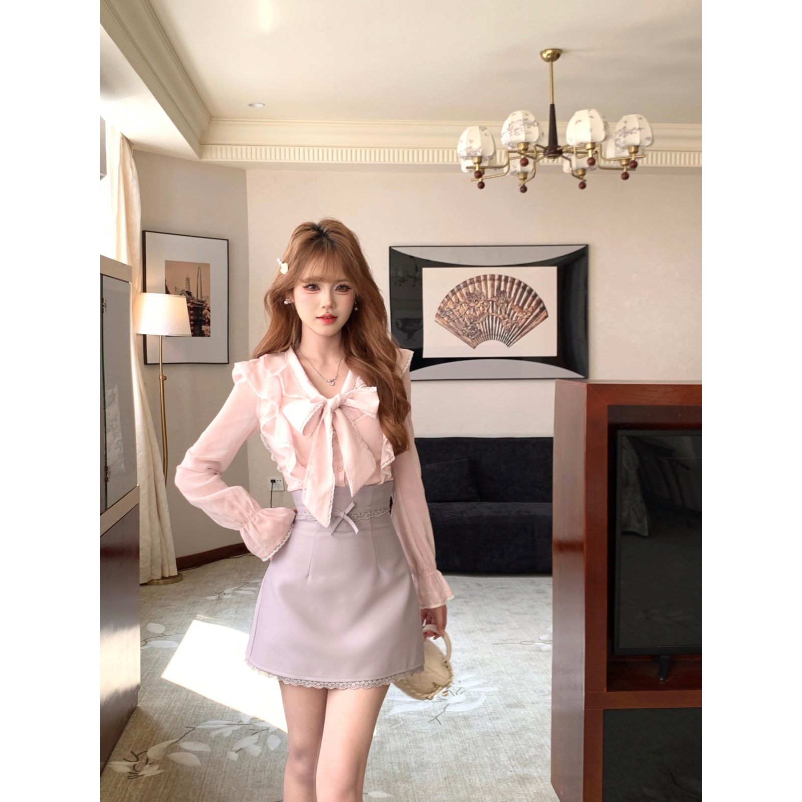 越韩小鱼 莉莉安小姐 法式甜美蝴蝶结气质衬衣高腰半裙两件套装女