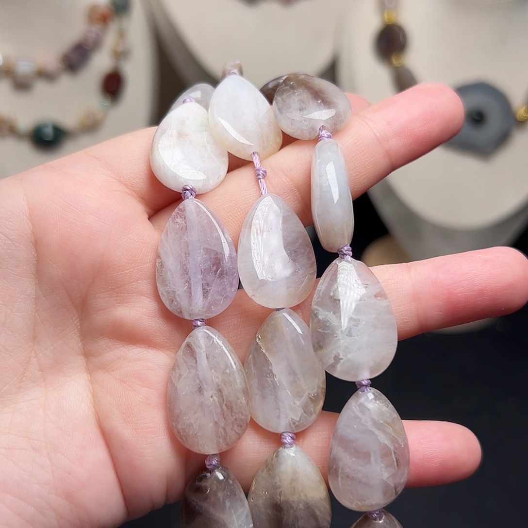 玛瑙/玉髓合金珠宝半成品W534，17mm雪花紫玛瑙水滴一条