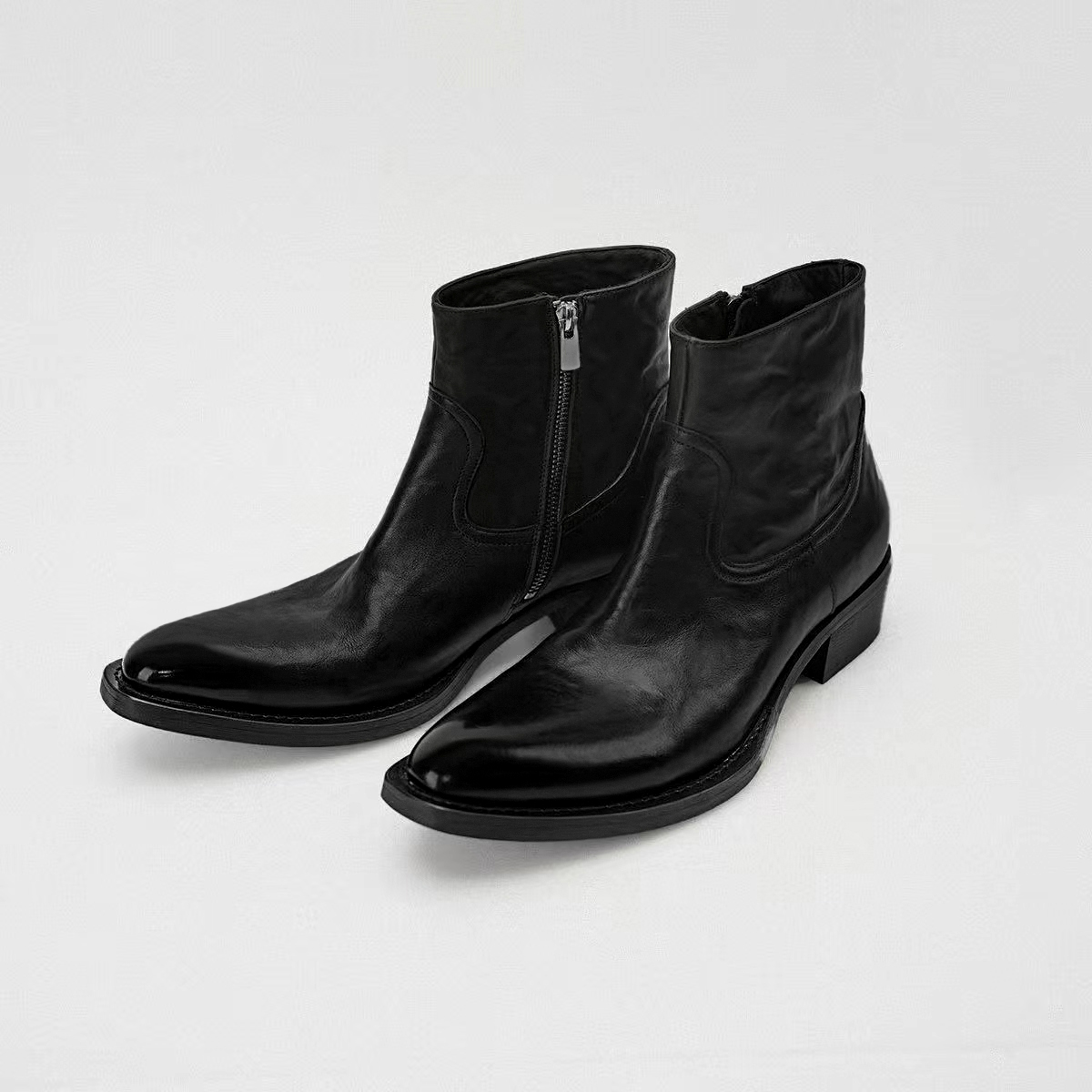 Aucun FootWear / 25FW 尖头切尔西靴男高帮小牛皮全真皮厚底增高