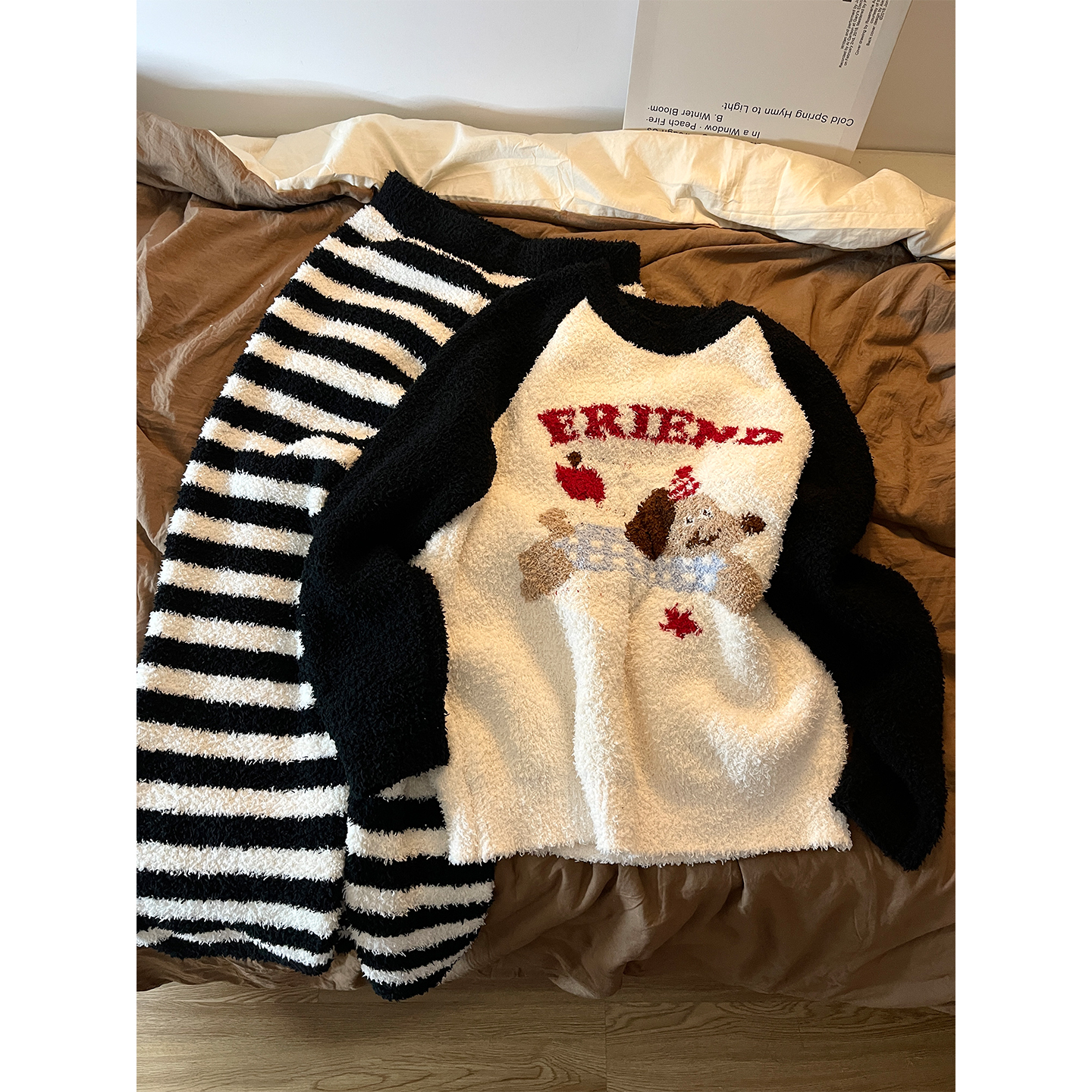 少女可爱腊肠狗针织半边绒睡衣女冬季2025新款保暖加厚家居服套装