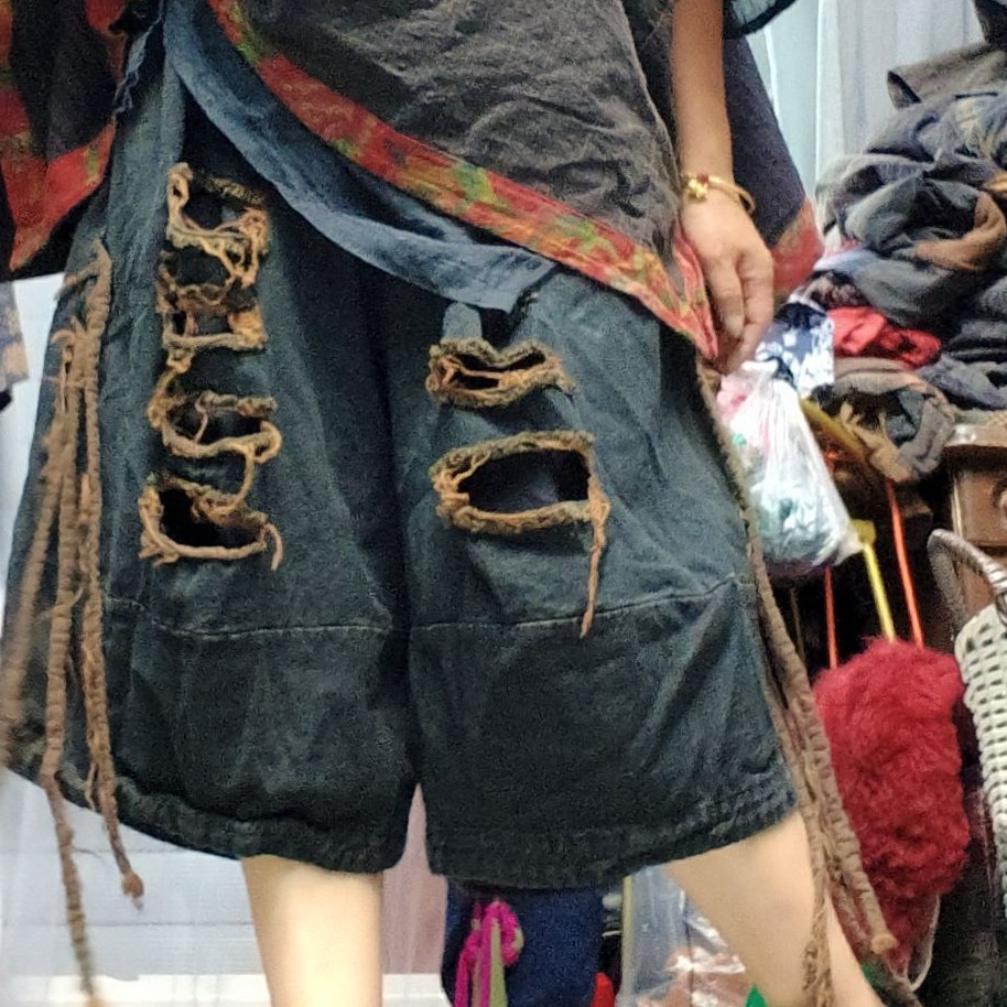 无吊牌复古炒色做旧宽松挂布条双层牛仔裤