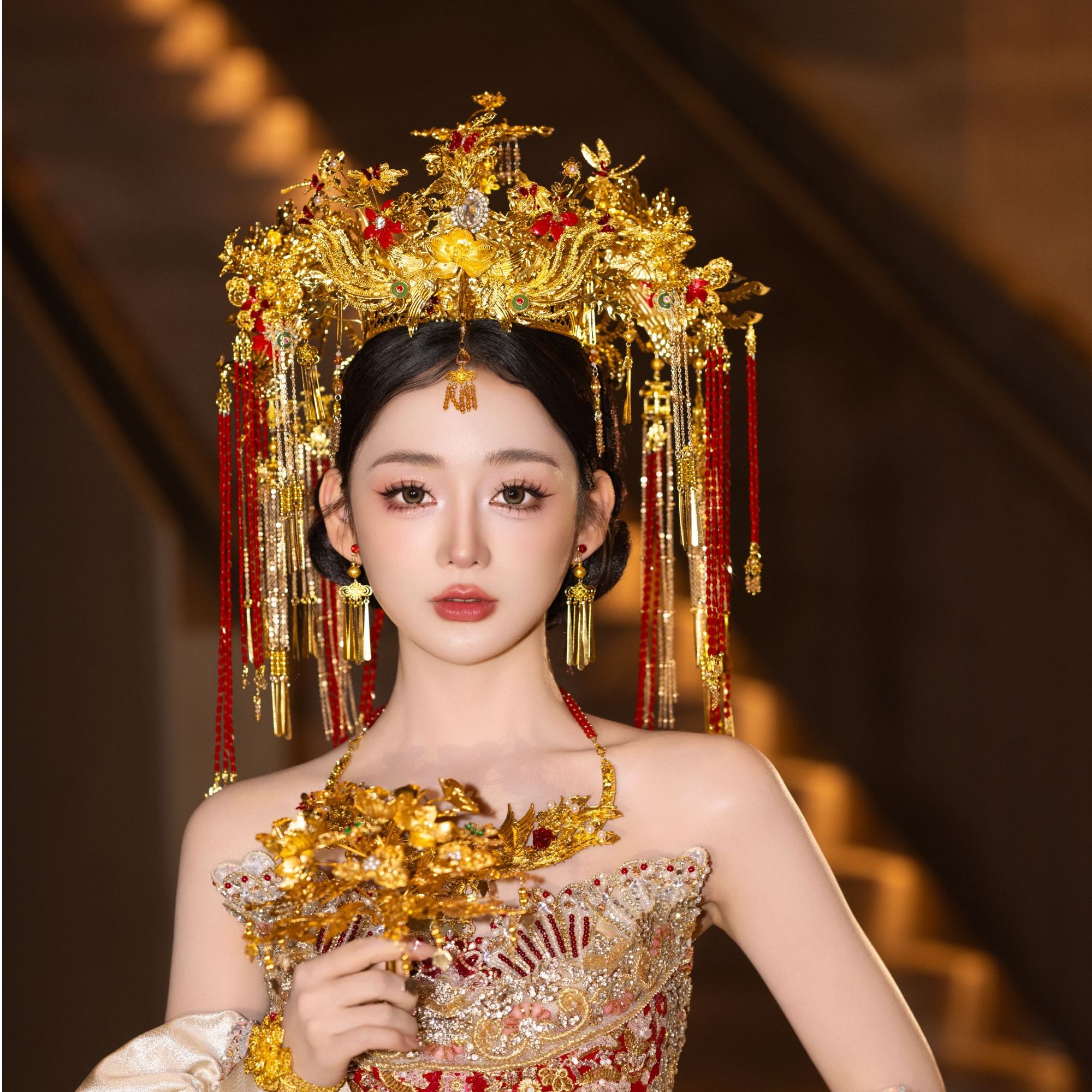 予禧-15287新娘饰中式黄色古风汉唐汉服秀禾服龙凤褂流苏发饰品