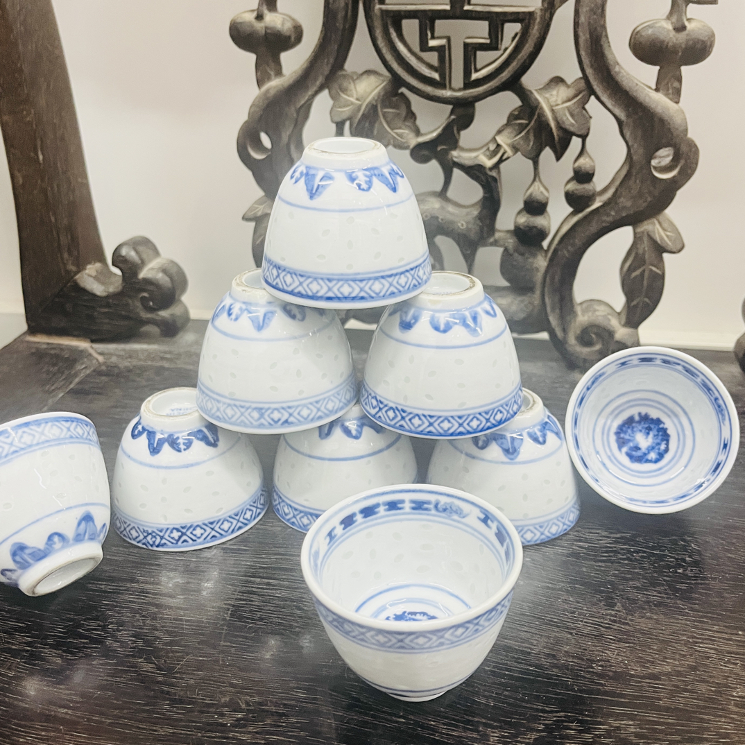 青花玲珑瓷三缸杯喝茶品茗6公分