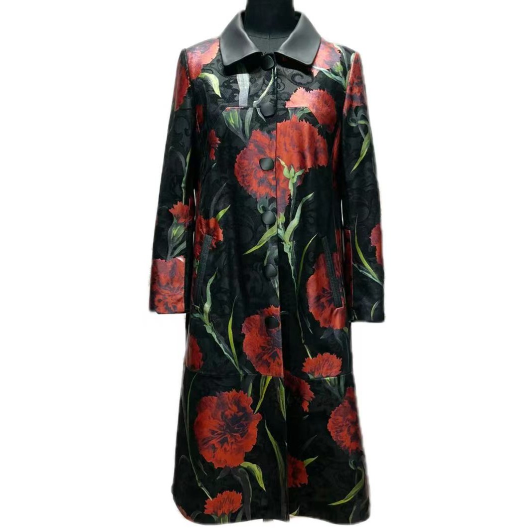 艾尼菲雨春秋季新款绵羊皮印花皮风衣女装2028