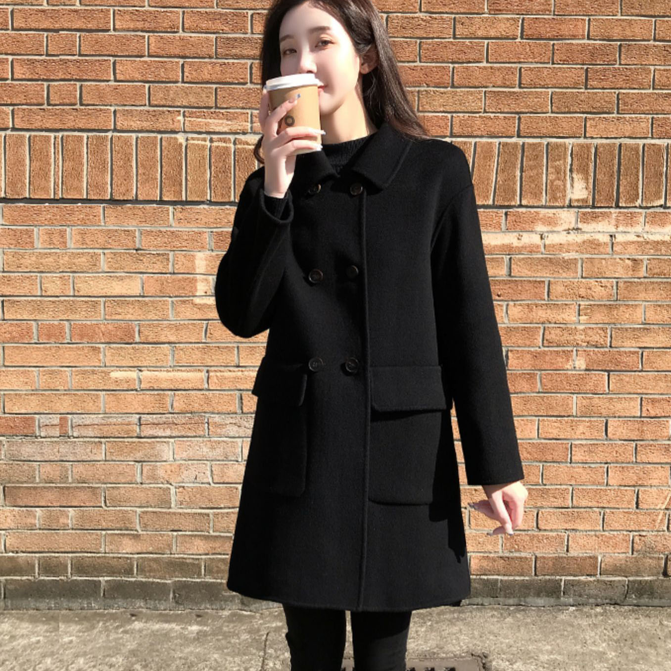 休闲风毛呢外套女中长款秋冬呢大衣显瘦小个子韩版黑色夹棉加厚