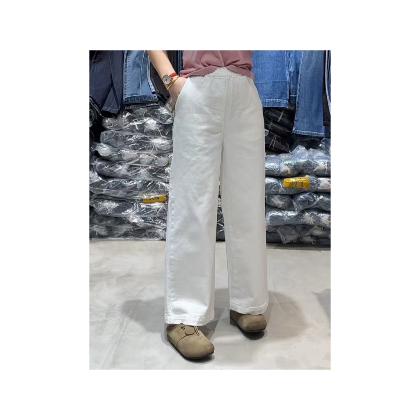 迷你春款松紧腰显瘦百搭宽松直筒裤休闲感十足