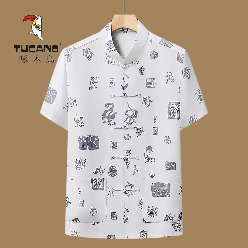 啄木鸟高品质唐装男中老年爸爸夏季薄款短袖中国风老人衣服爷爷夏