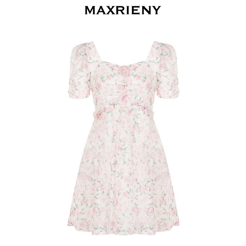 MAXRIENY假日玫瑰裙春日仙美茶歇裙玫瑰碎花连衣裙夏