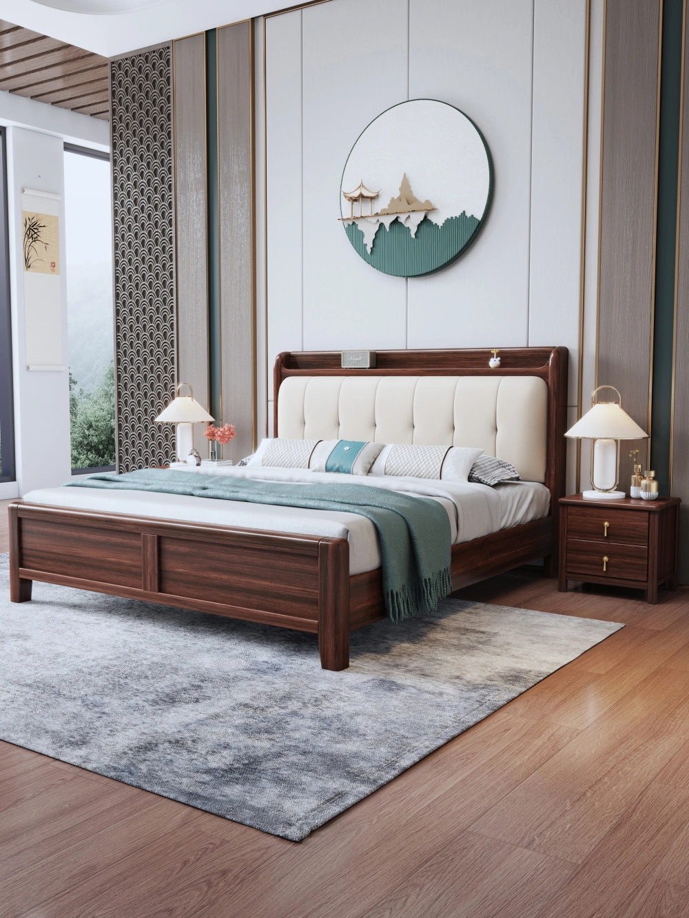 2415新中式床乌金木实木床双人主卧室高箱床实木家具家用大床成套