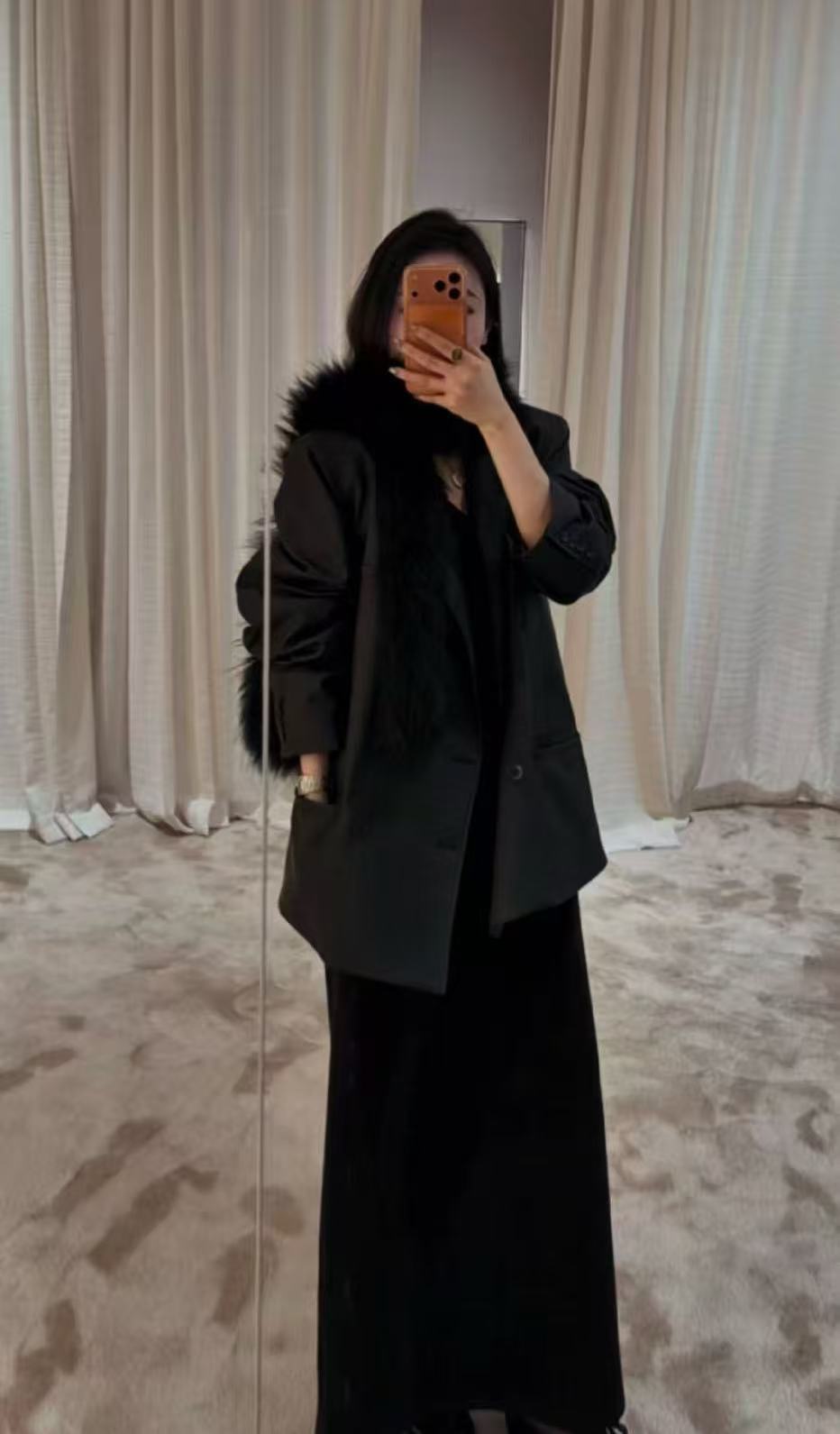 MOON【羽绒系列黑色胶片】秋冬双排扣羽绒西装皮衣10977