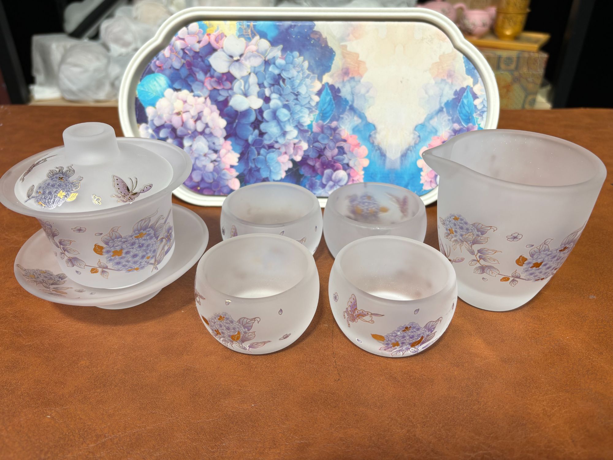 zh4087-冰冻烧琉璃盖碗+冰冻烧琉璃绣球花客杯*4+公道杯+茶盘