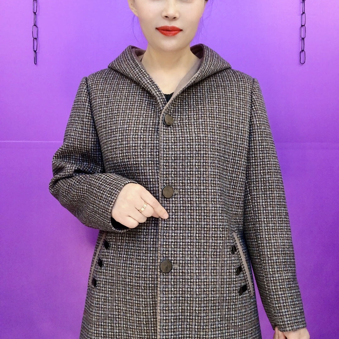 长袖聚酯纤维常规款中老年女装外套气质洋气时尚休闲百搭连帽格子
