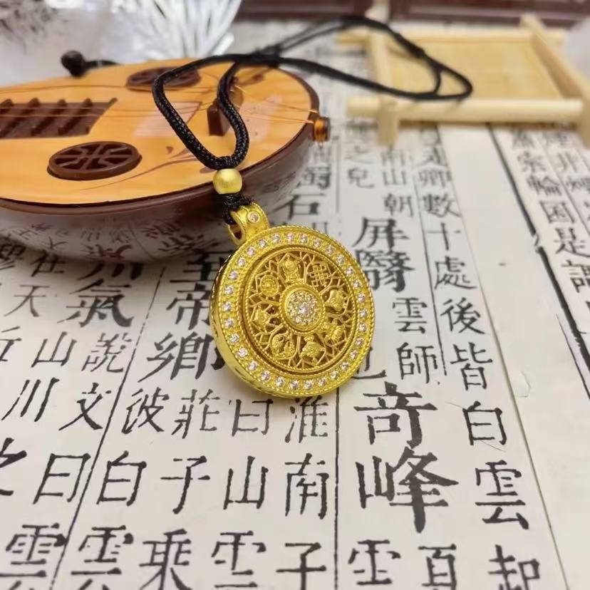 铜合金棉绳项链 售品镀真金强保色古法八宝罗盘时来运转可转动