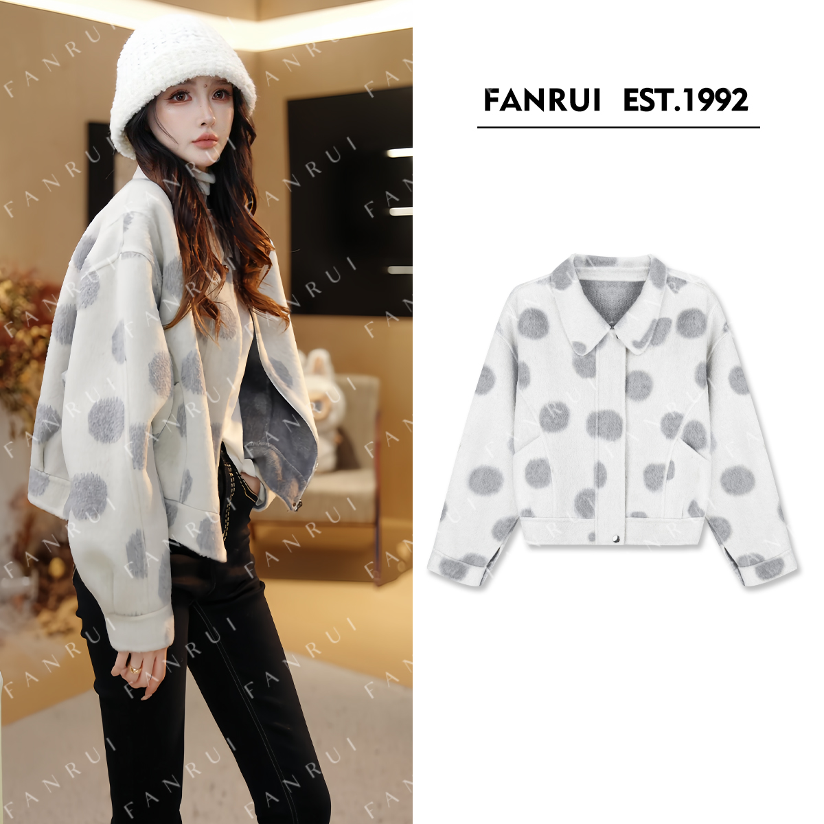 FANRUI/泛芮「贝贝biuu」羊毛+桑蚕丝+兔绒波点高级感大衣女B18212