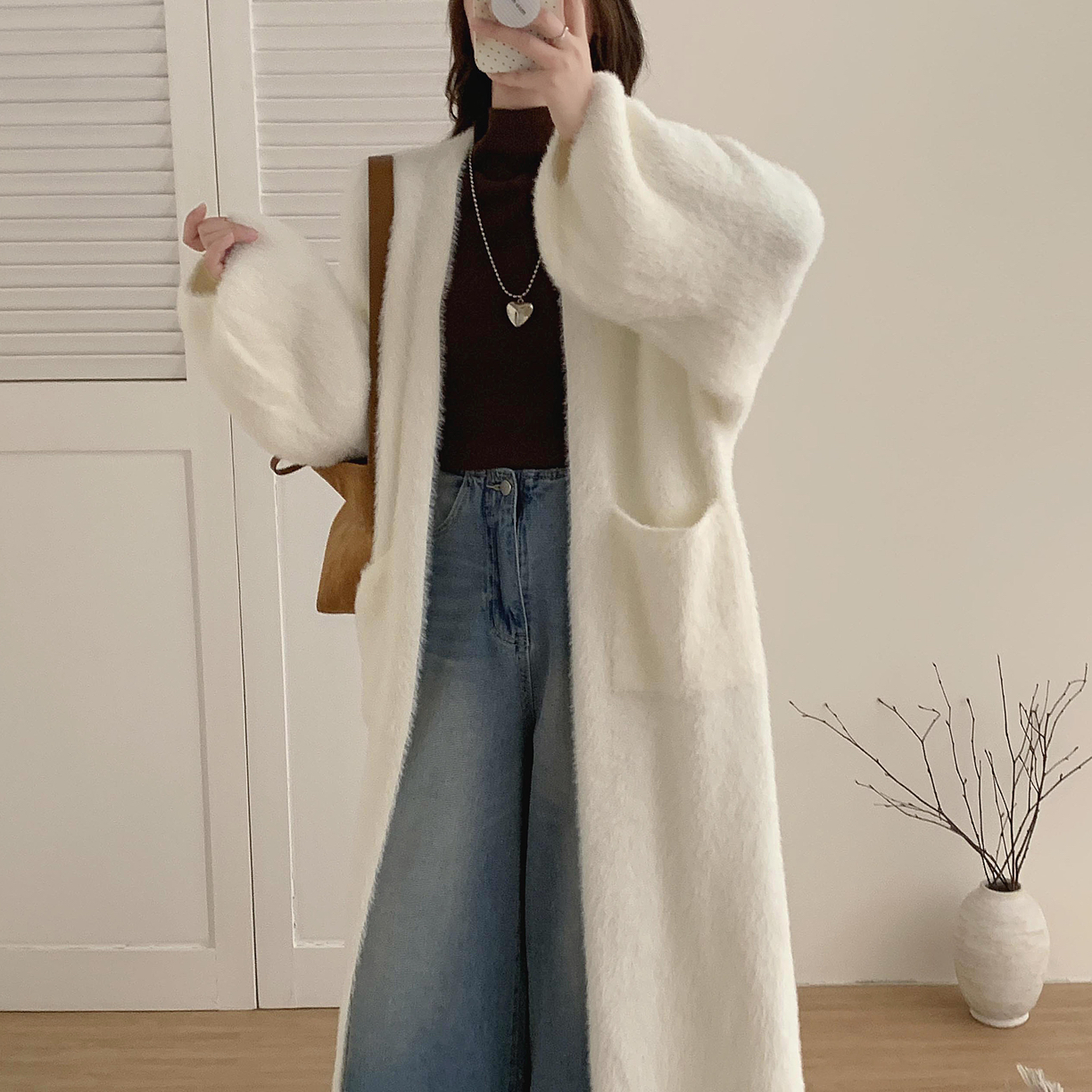 【不起球高克重】灯笼袖长款慵懒风口袋毛衣宽松洋气开衫外套