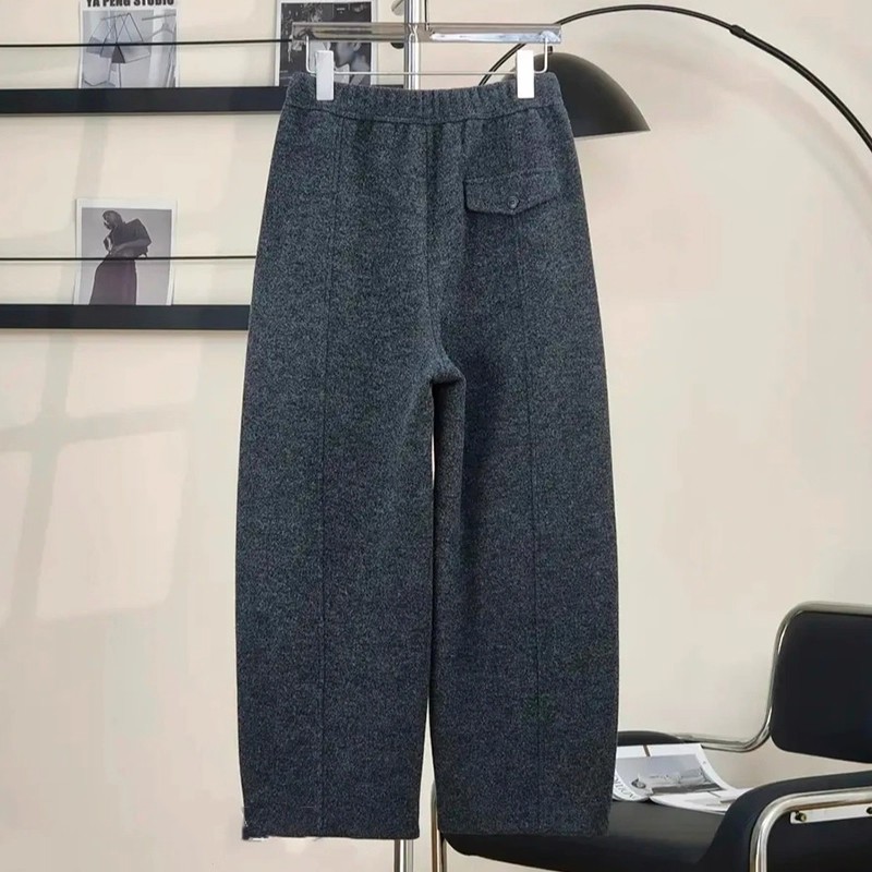 高端灰色羊毛呢弯刀裤女冬季新款松紧高腰宽松显瘦加绒保暖休闲裤