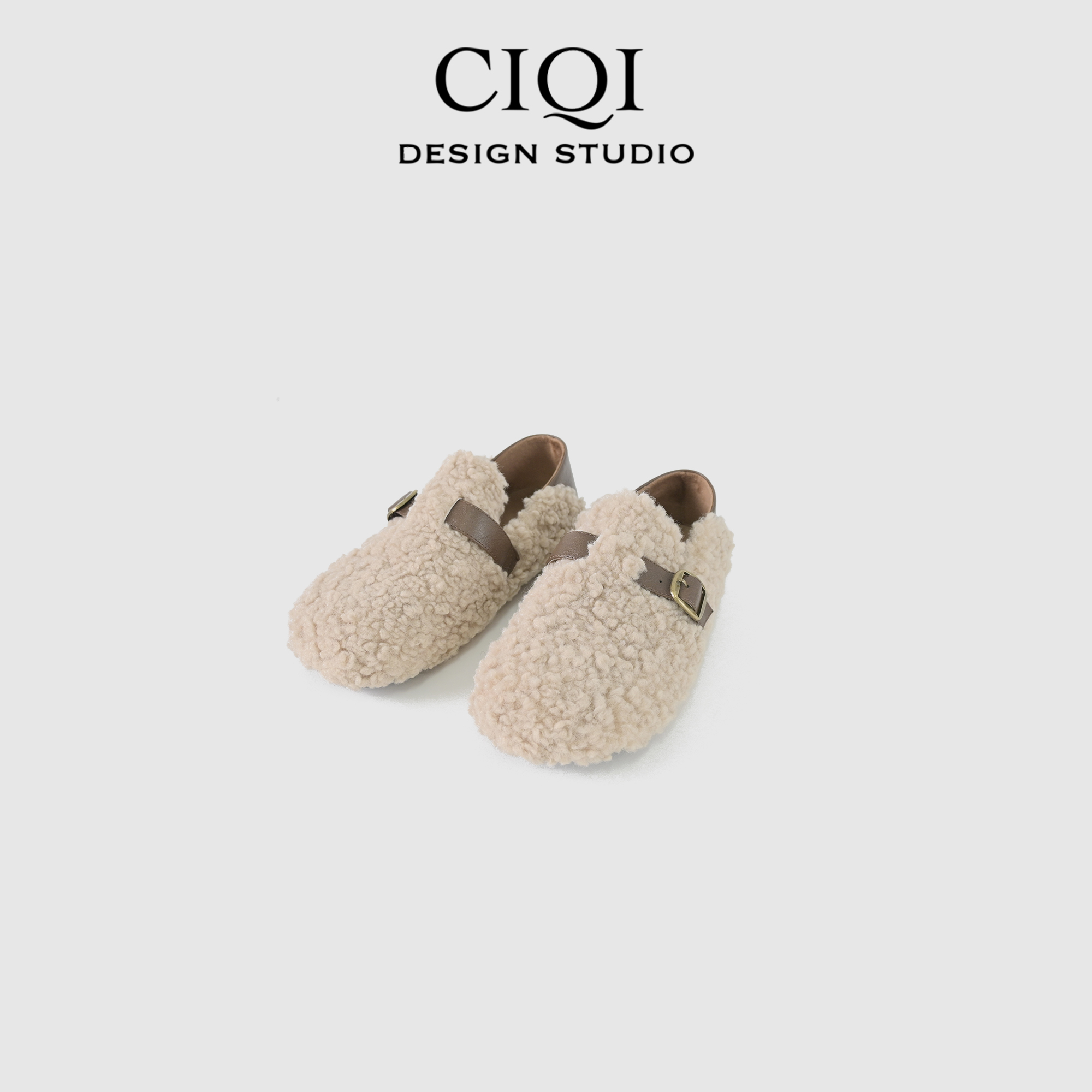 CIQI STUDIO厚底仿羊羔毛包头加绒保暖毛毛复古勃肯棉鞋D877709A