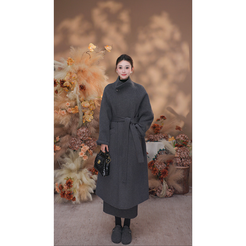 XYM秋冬新款双面羊毛大衣设计款腰带立领高个子韩版扩版氛围感