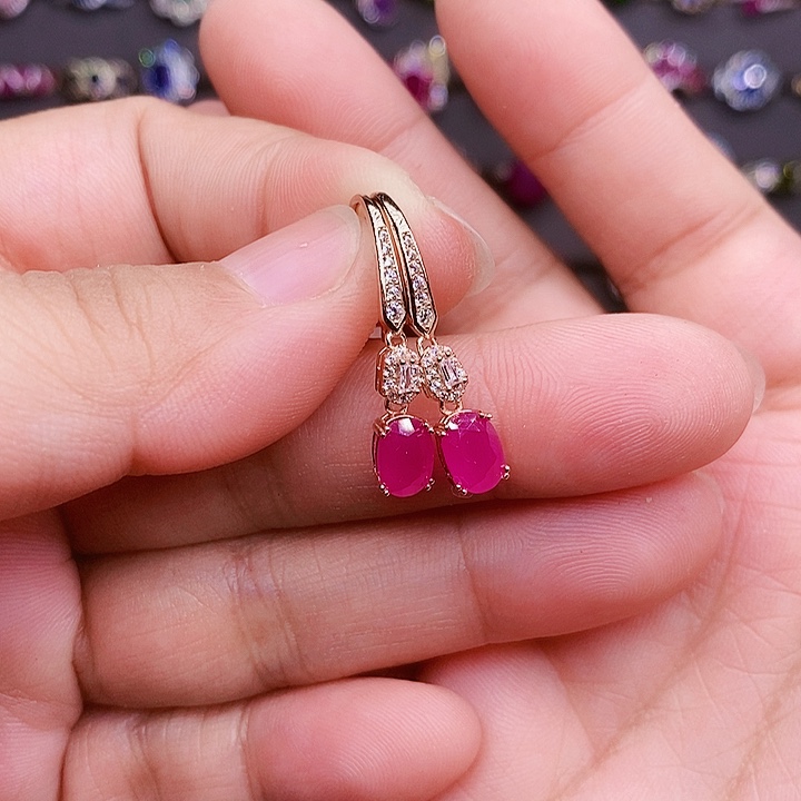 耳饰银S925镶嵌红宝石