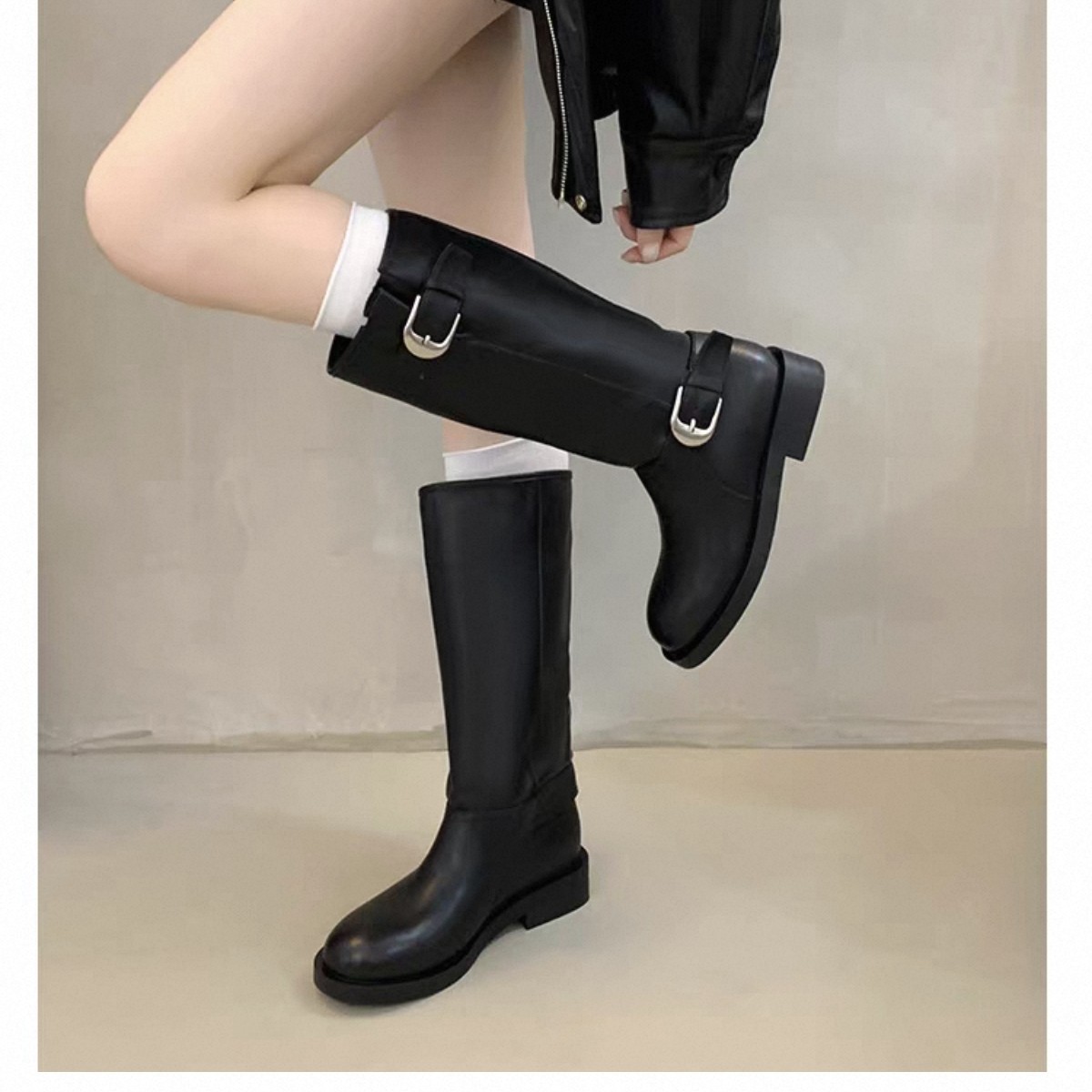 新款骑士靴皮带扣中筒两穿马丁靴厚底不过膝长靴369