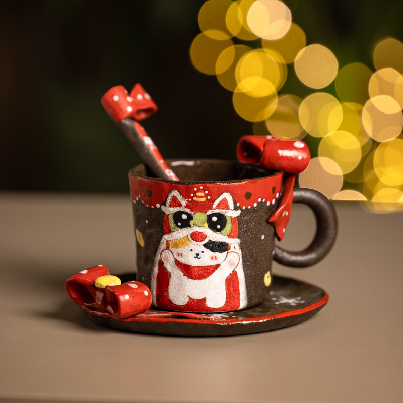 339红色新年款蝴蝶结小猫紫砂杯碟套组