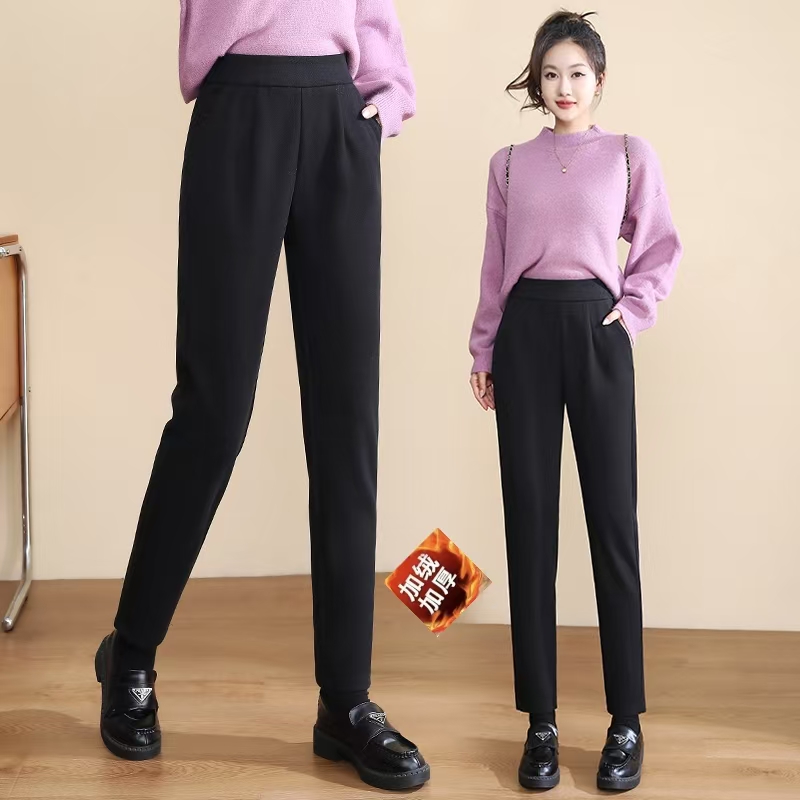 5567松紧腰毛呢哈伦裤女秋冬新款小个子高腰加绒加厚休闲烟管裤子